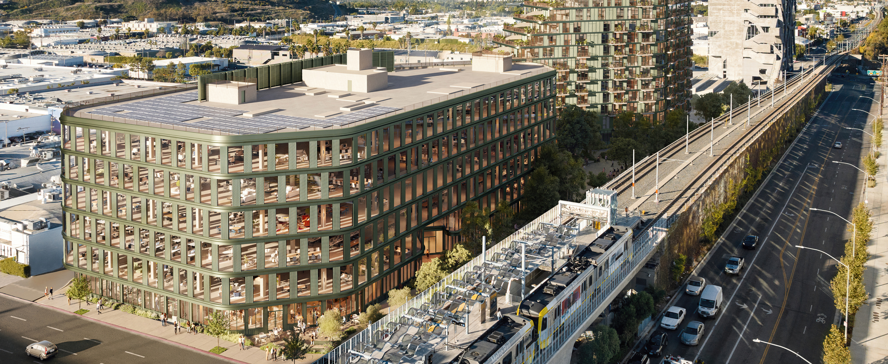 Habitat's lush terraces are connected by tenant added external stairs linking offices spaces overlooking light rail