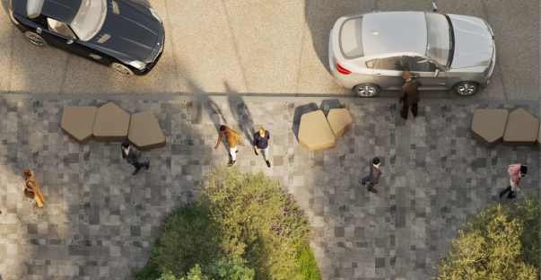 Habitat's inviting tree shaded entrance plaza with cars and people congregating